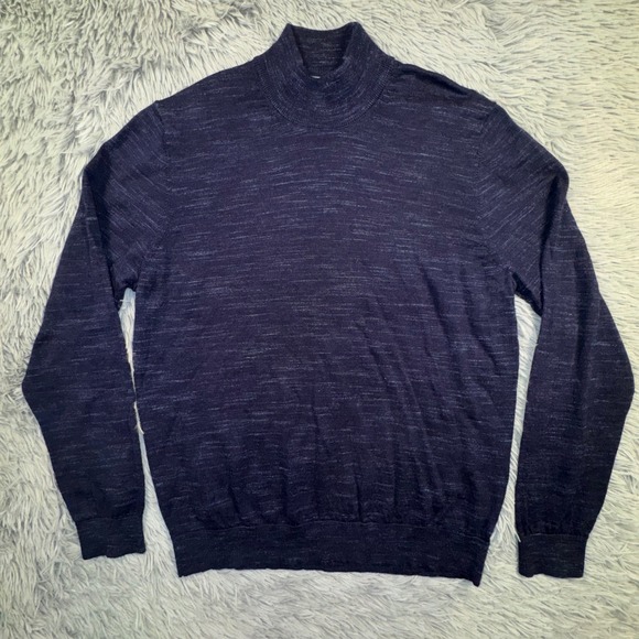 ASH & ERIE Mens Medium Navy Blue Marled Mock Neck Sweater Extrafine Merino Wool - Picture 3 of 11